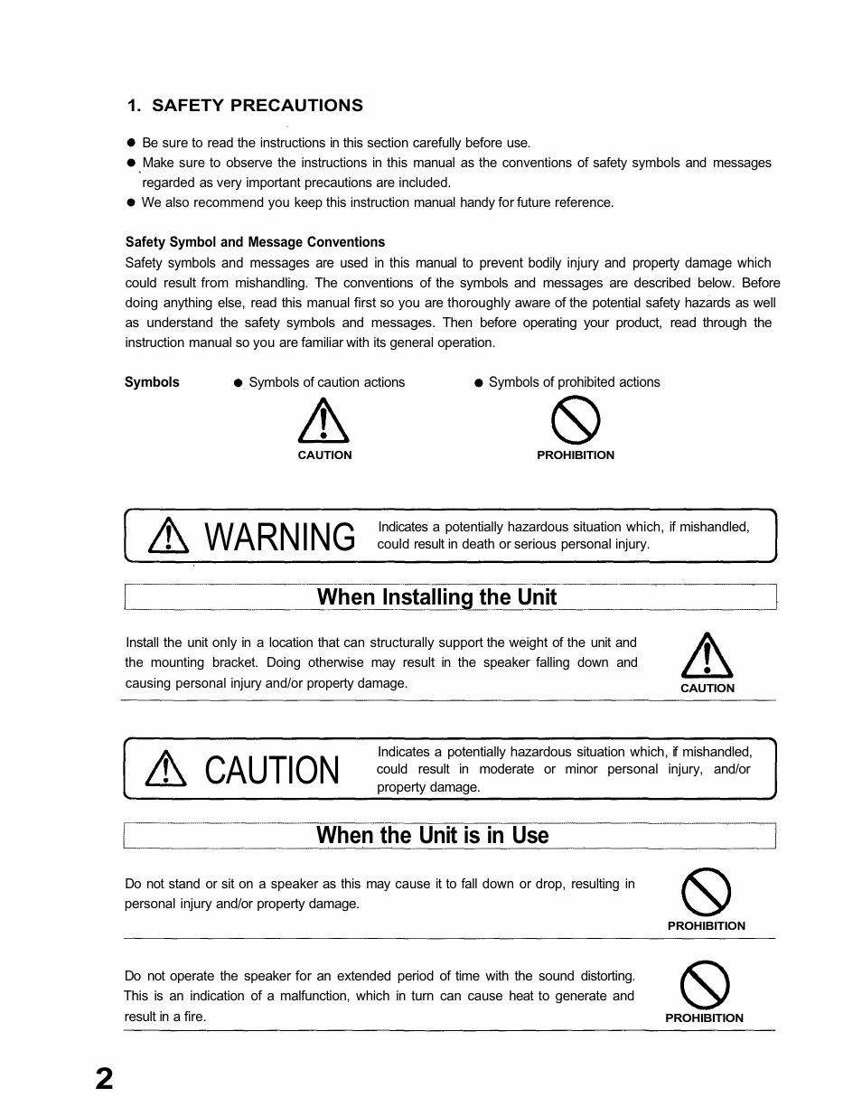 Warning, Caution, When the unit is in use | When installing the unit | TOA Electronics F-160W User Manual | Page 2 / 16