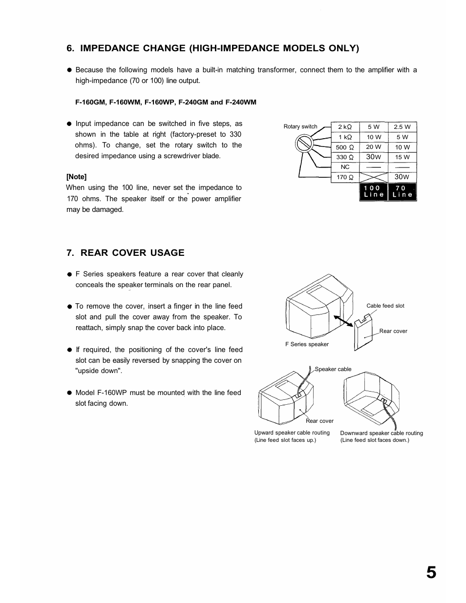 Impedance change (high-impedance models only), Rear cover usage | TOA Electronics F-160W User Manual | Page 5 / 16