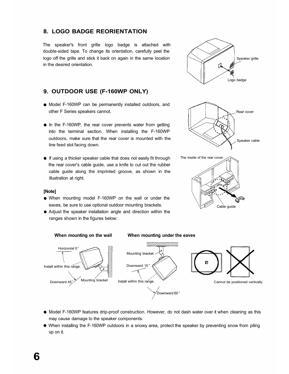 Logo badge reorientation, Outdoor use (f-160wp only) | TOA Electronics F-160W User Manual | Page 6 / 16