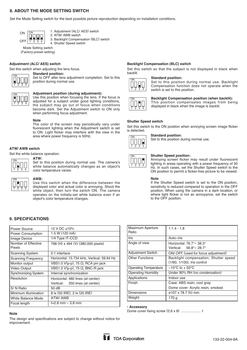 About the mode setting switch, Specifications | TOA Electronics C-CV202-3 CU User Manual | Page 4 / 4