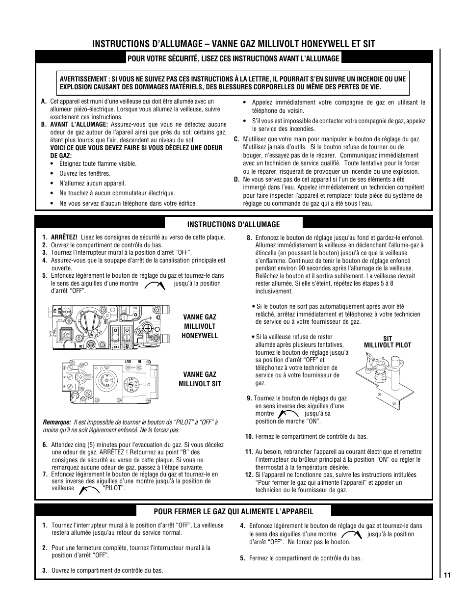 Instructions d'allumage, Pour fermer le gaz qui alimente l’appareil | TOA Electronics B-40REN User Manual | Page 11 / 20