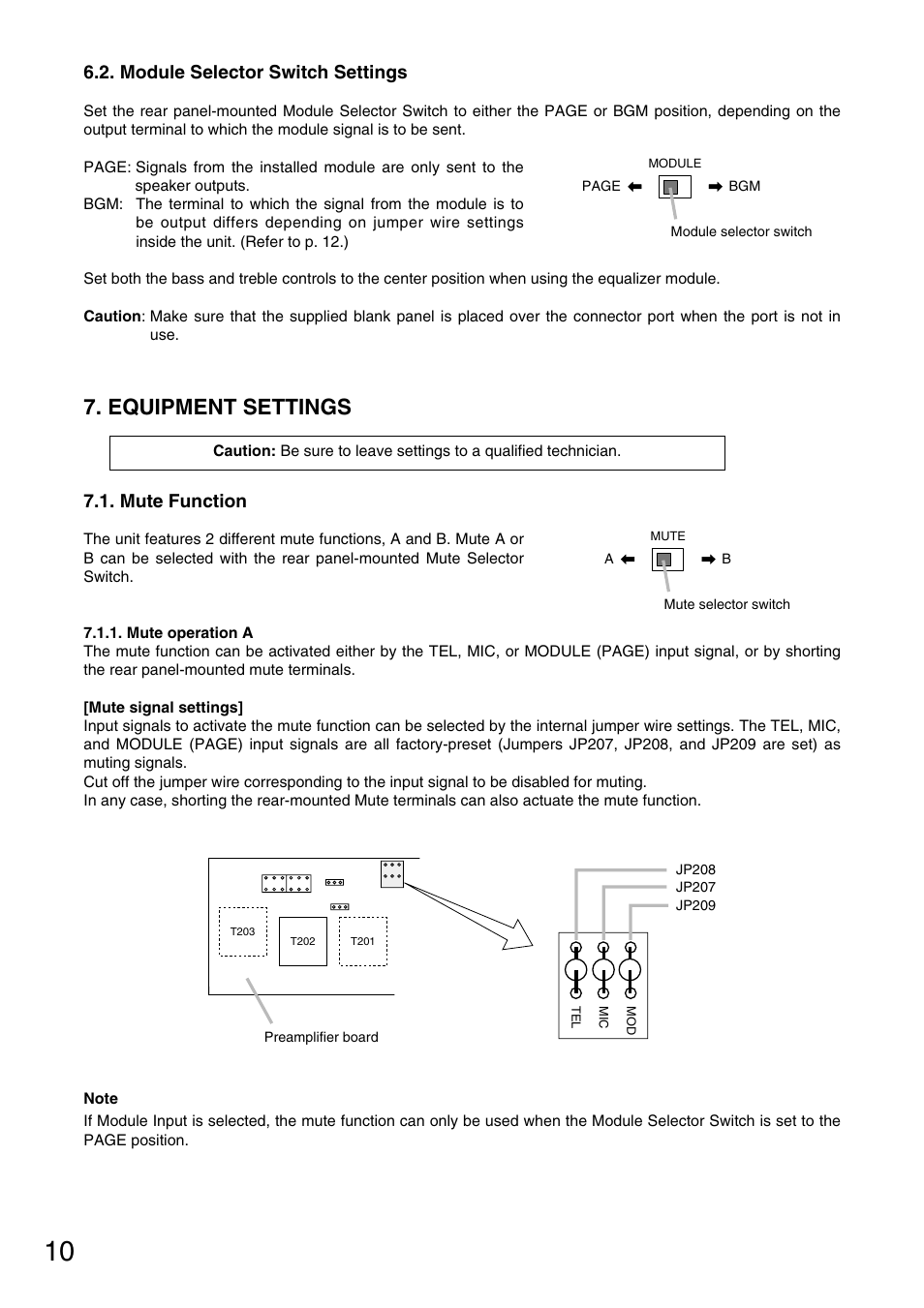 Equipment settings, Module selector switch settings, Mute function | TOA Electronics BG-1120 User Manual | Page 10 / 16