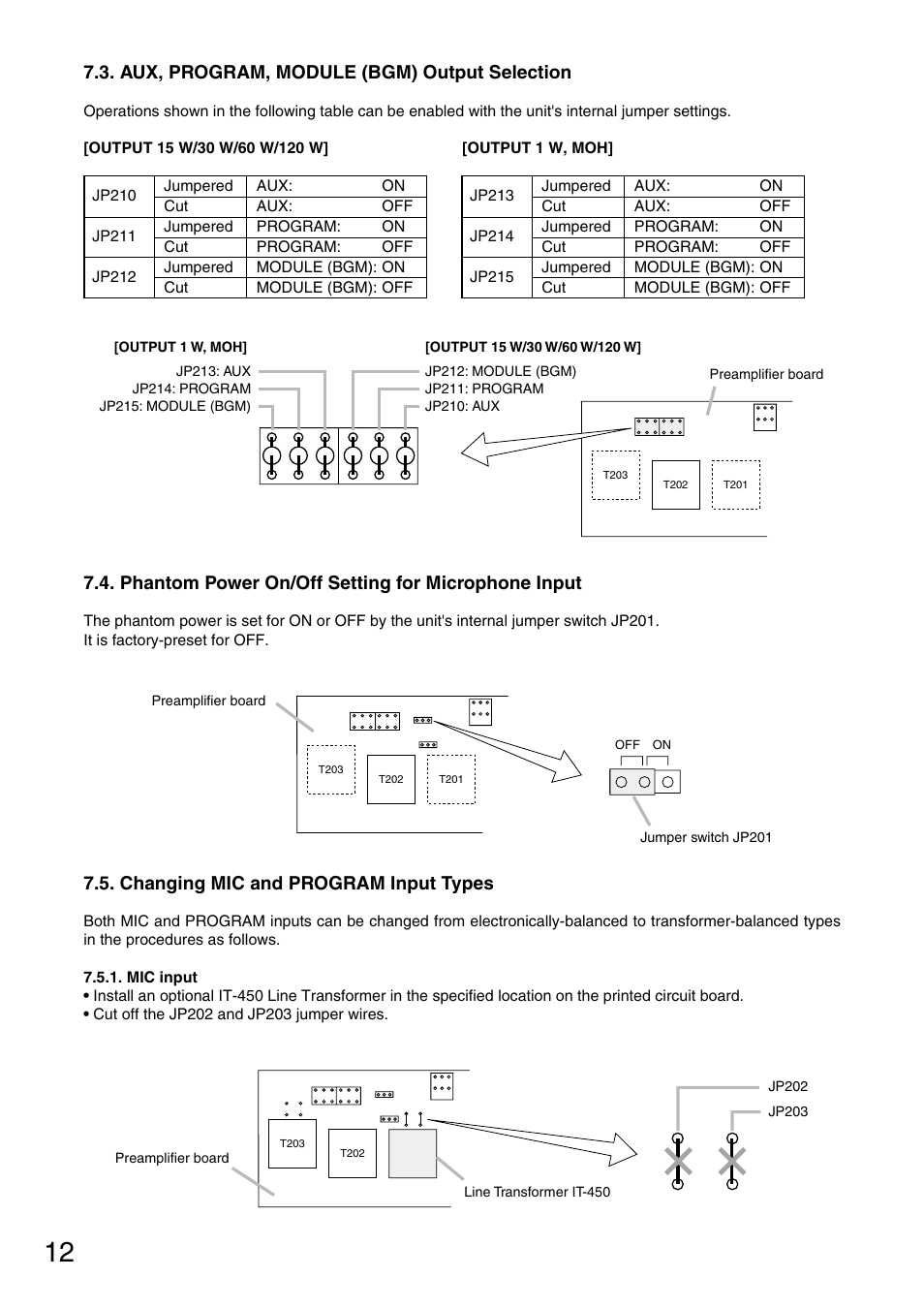 Changing mic and program input types, Phantom power on/off setting for microphone input, Aux, program, module (bgm) output selection | TOA Electronics BG-1120 User Manual | Page 12 / 16