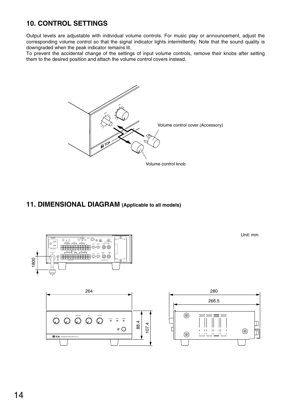 Control settings, Dimensional diagram, Applicable to all models) | Unit: mm | TOA Electronics BG-1120 User Manual | Page 14 / 16