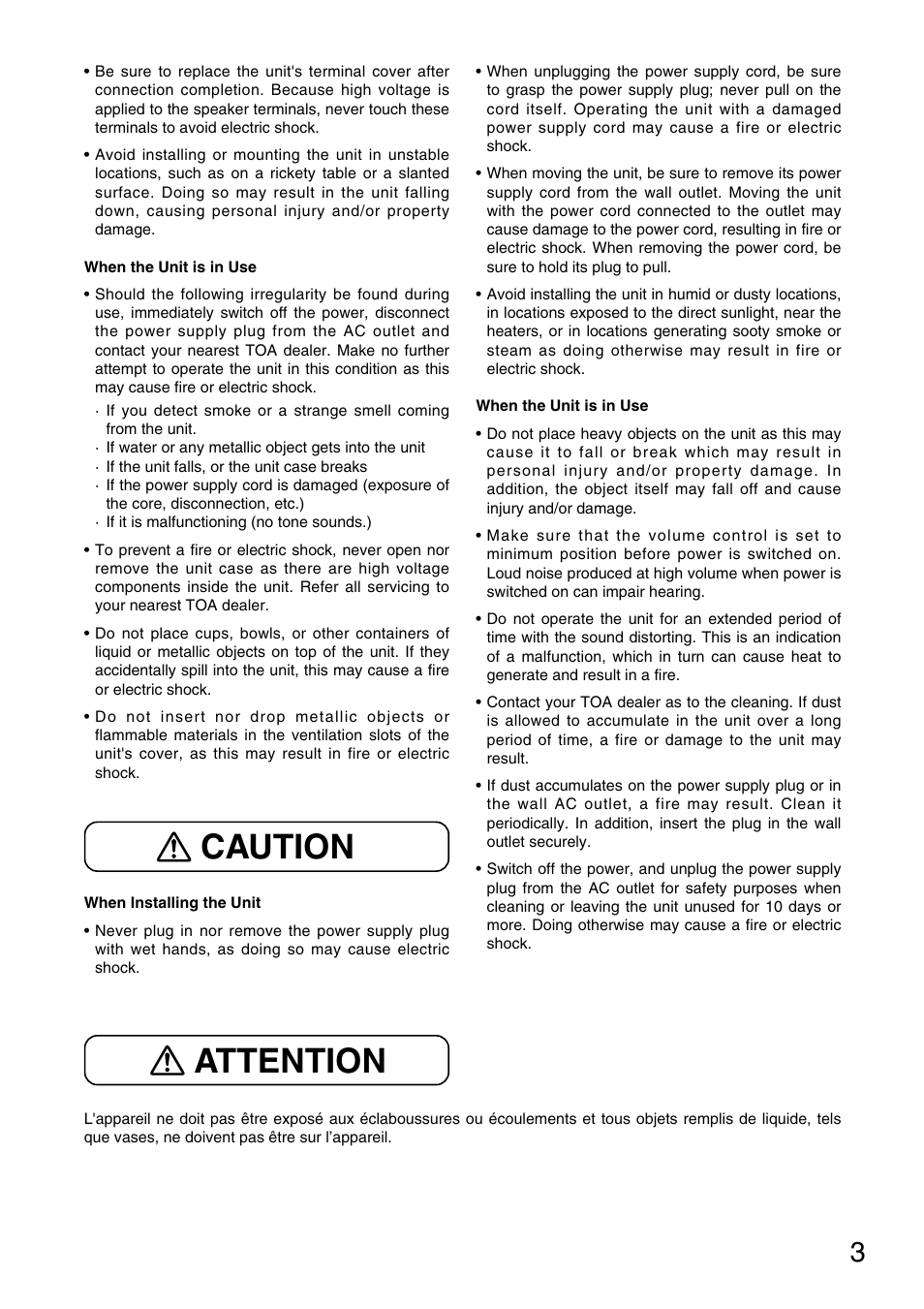 Caution attention | TOA Electronics BG-1120 User Manual | Page 3 / 16