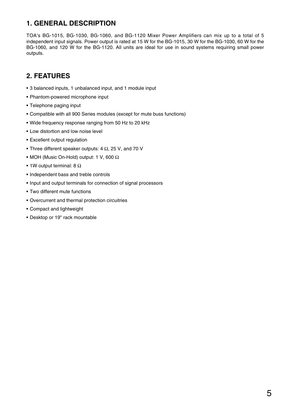 General description, Features | TOA Electronics BG-1120 User Manual | Page 5 / 16