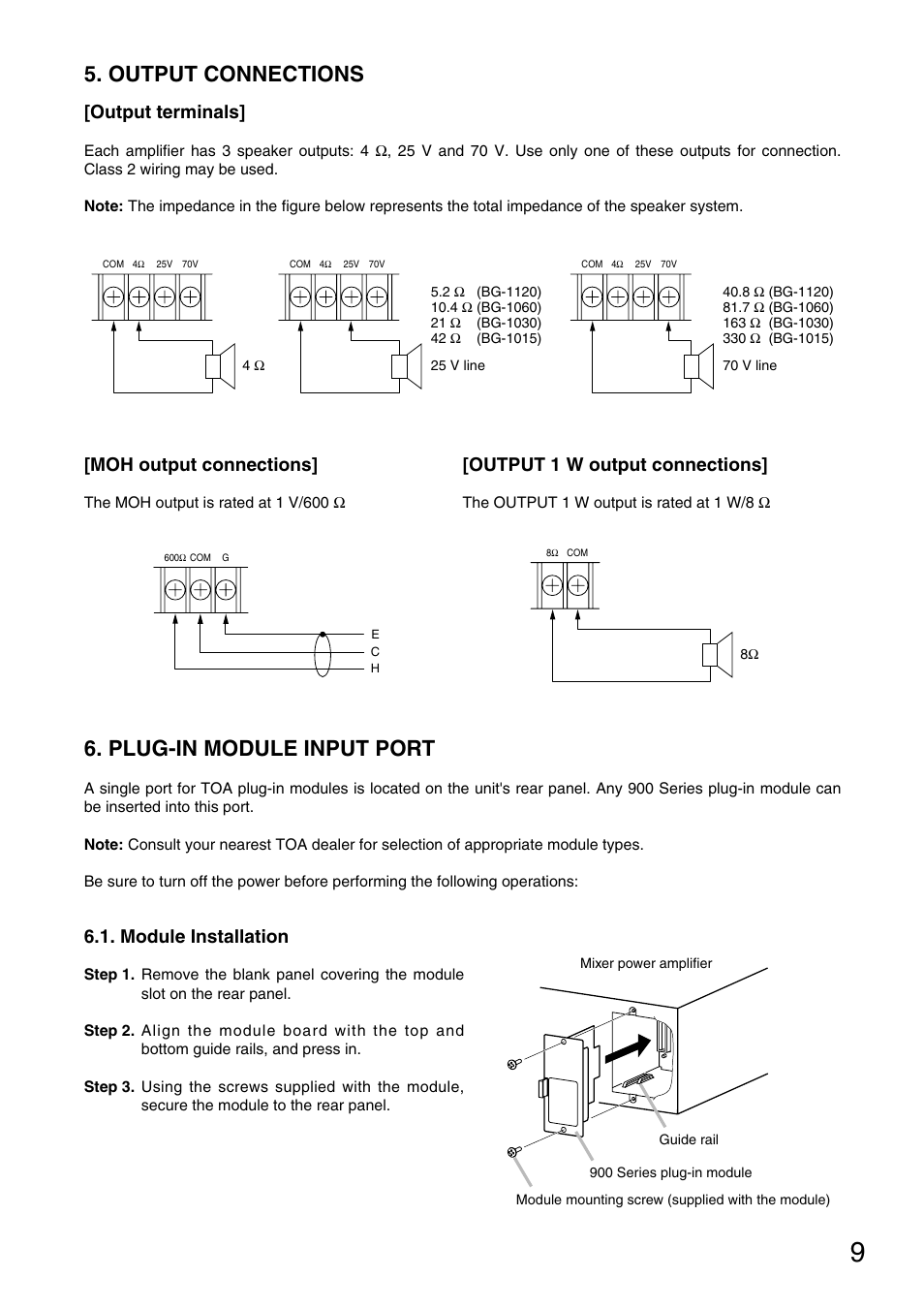 Output connections, Plug-in module input port, Output terminals | Moh output connections, Output 1 w output connections, Module installation | TOA Electronics BG-1120 User Manual | Page 9 / 16