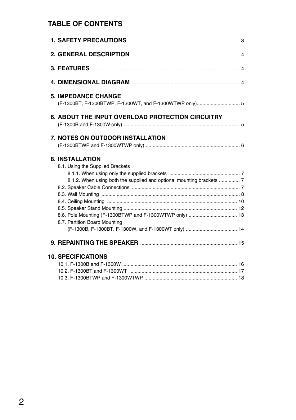 TOA Electronics F-1300B User Manual | Page 2 / 18