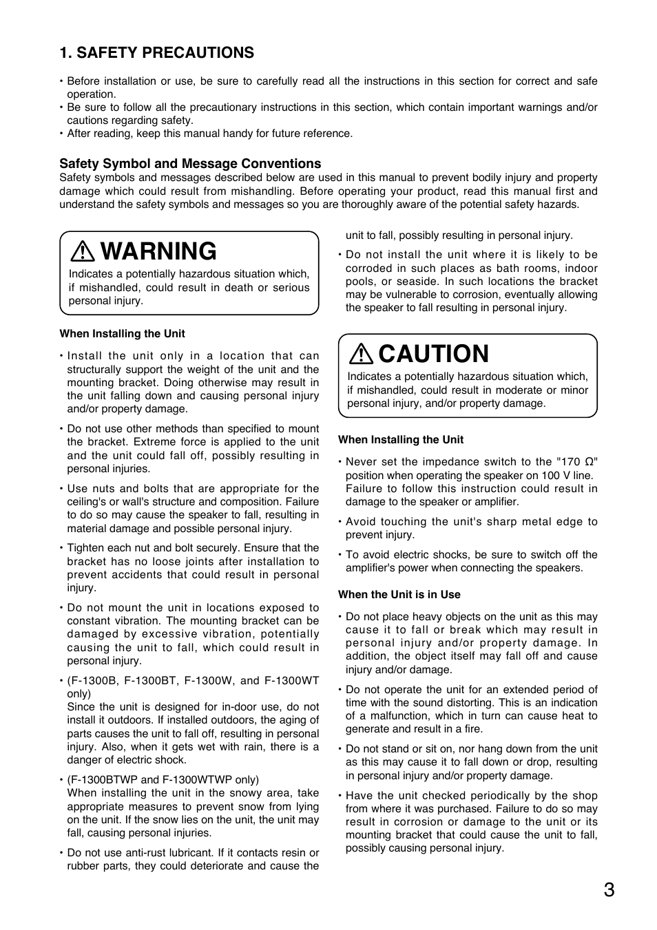 Warning, Caution, Safety precautions | TOA Electronics F-1300B User Manual | Page 3 / 18