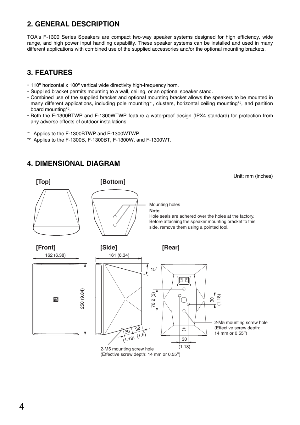 General description, Features, Dimensional diagram | Front] [top] [side] [rear, Bottom | TOA Electronics F-1300B User Manual | Page 4 / 18