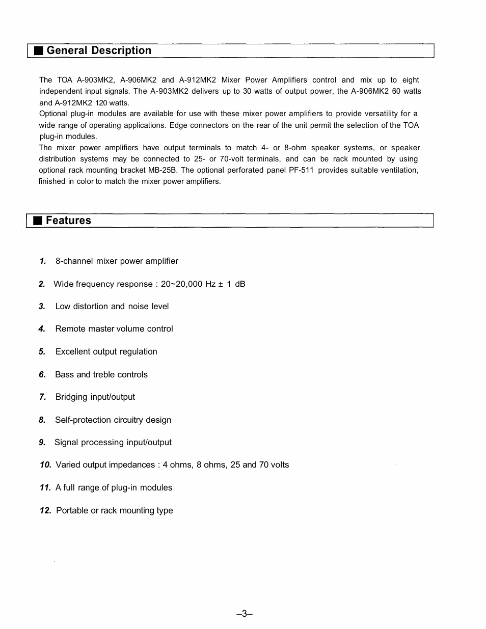 Features, General description | TOA Electronics A-903MK2 User Manual | Page 3 / 12