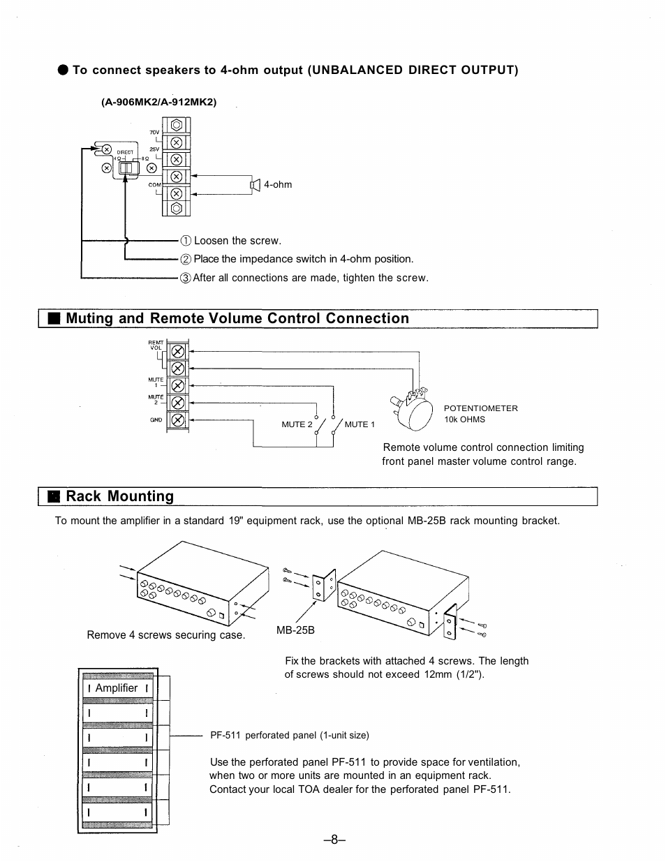 Muting and remote volume control connection, Rack mounting | TOA Electronics A-903MK2 User Manual | Page 8 / 12