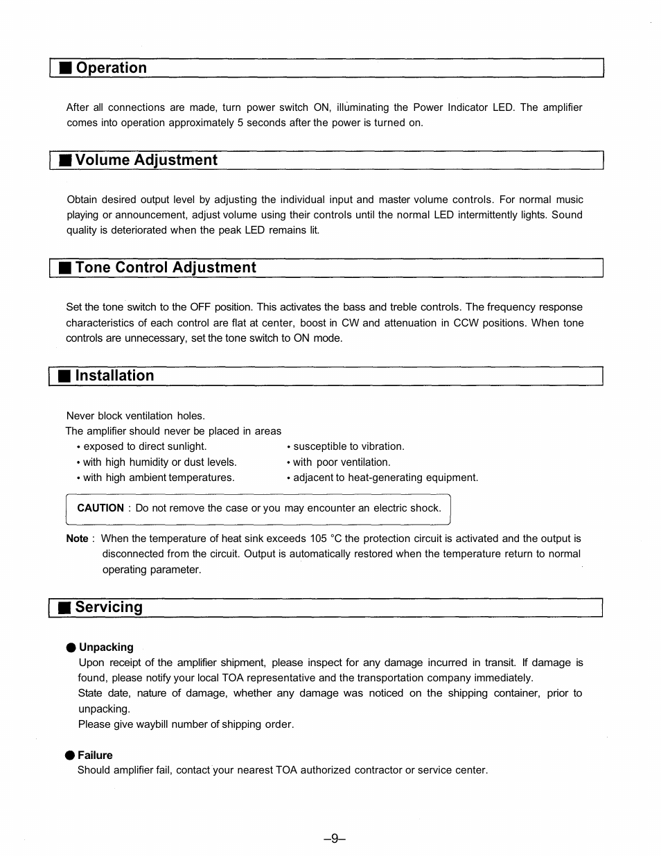 Operation, Volume adjustment, Tone control adjustment | Installation, Servicing | TOA Electronics A-903MK2 User Manual | Page 9 / 12