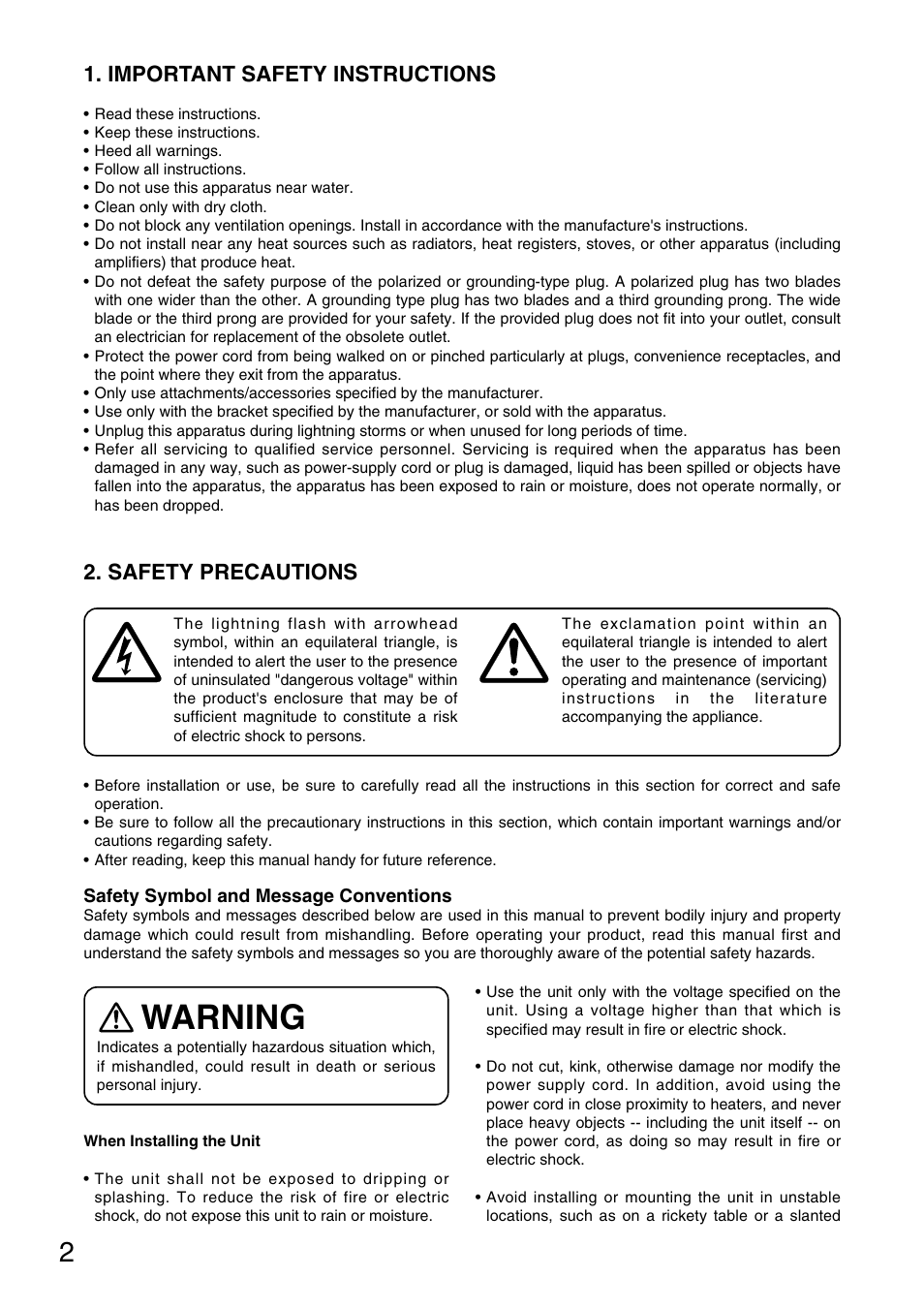 Warning, Important safety instructions, Safety precautions | TOA Electronics A-724 User Manual | Page 2 / 12