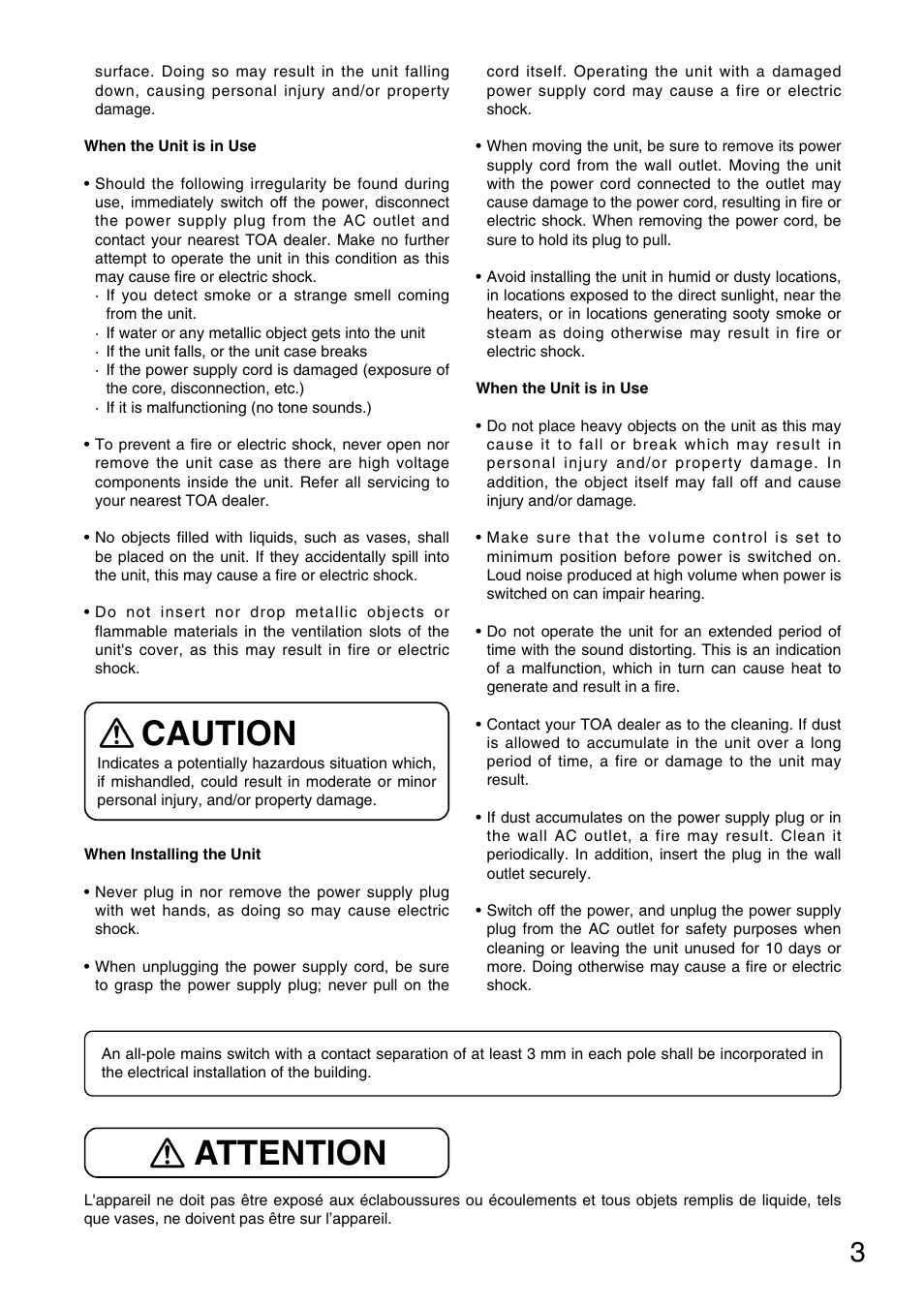 Attention, Caution | TOA Electronics A-724 User Manual | Page 3 / 12