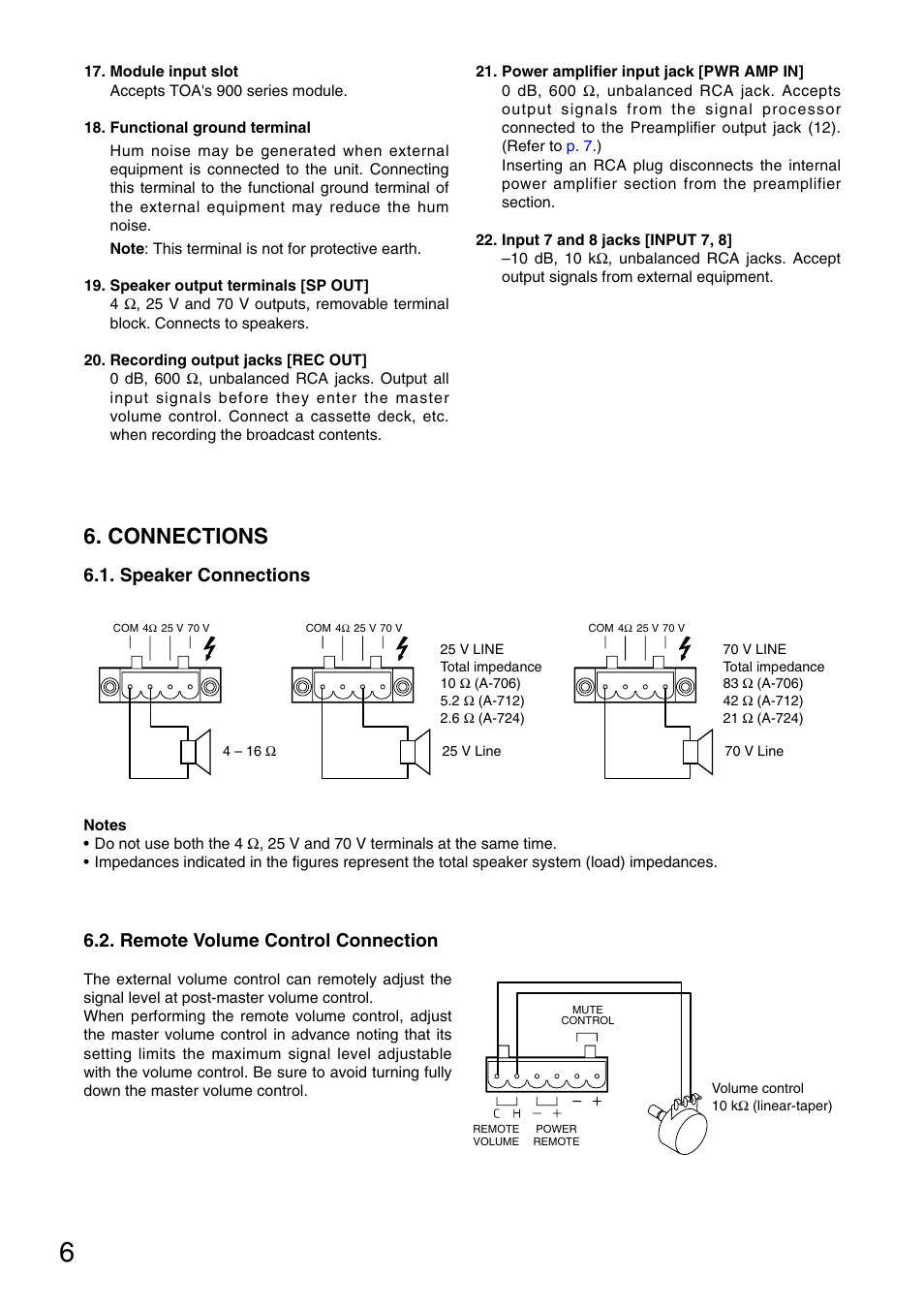 Connections, Speaker connections, Remote volume control connection | TOA Electronics A-724 User Manual | Page 6 / 12