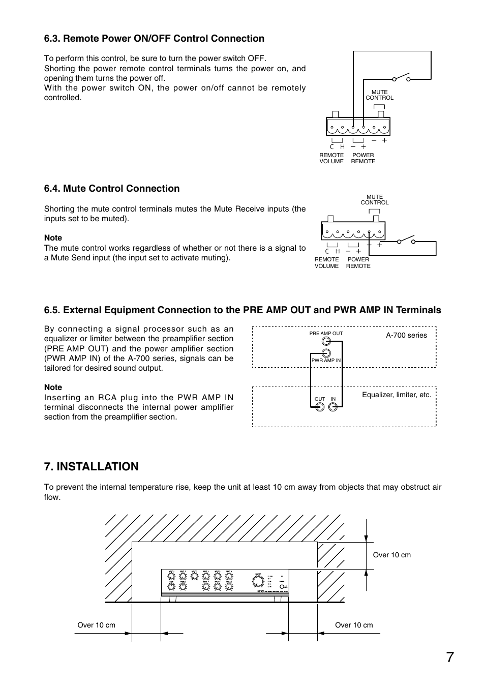 Installation, Remote power on/off control connection, Mute control connection | TOA Electronics A-724 User Manual | Page 7 / 12