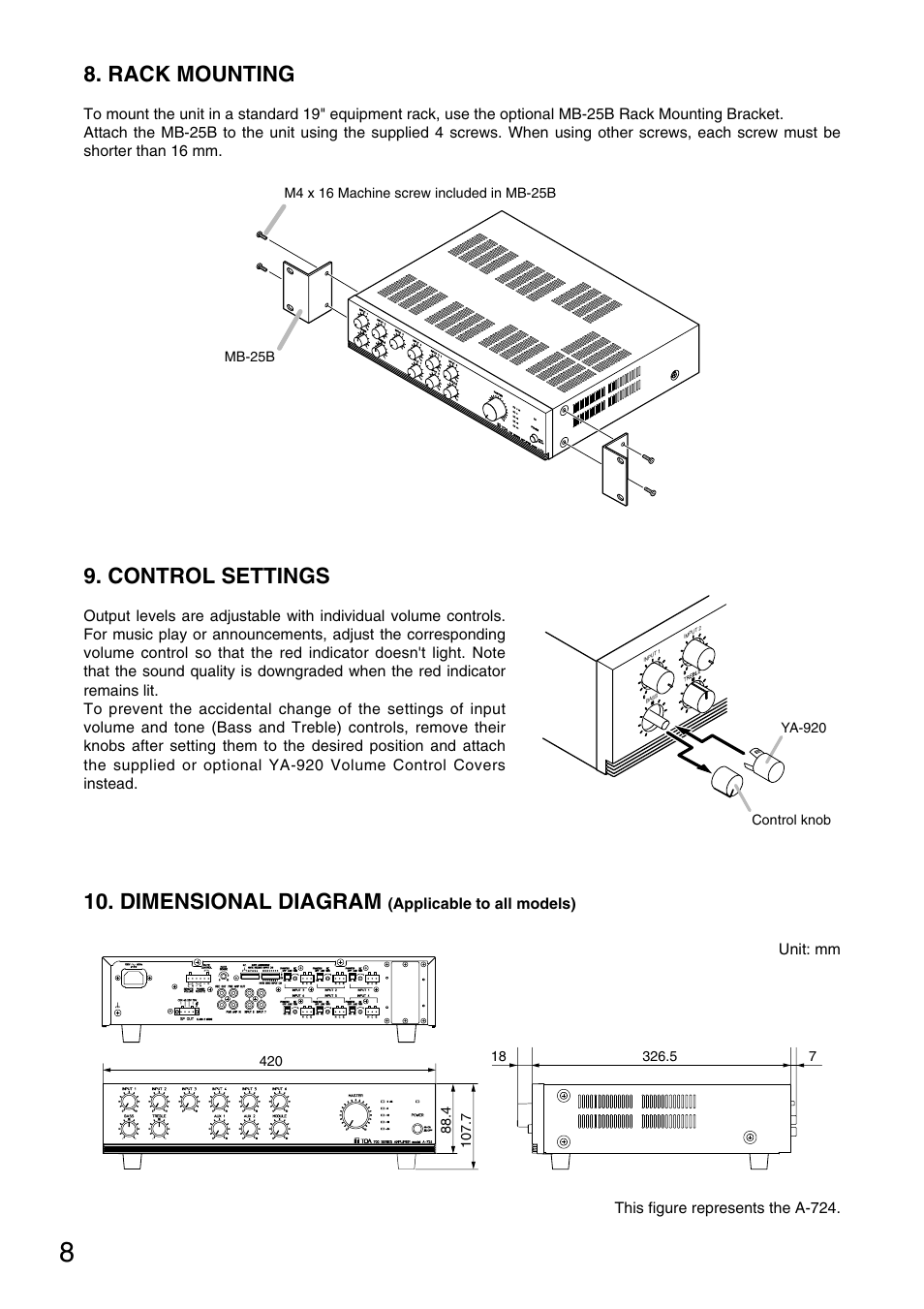 Rack mounting, Control settings, Dimensional diagram | TOA Electronics A-724 User Manual | Page 8 / 12