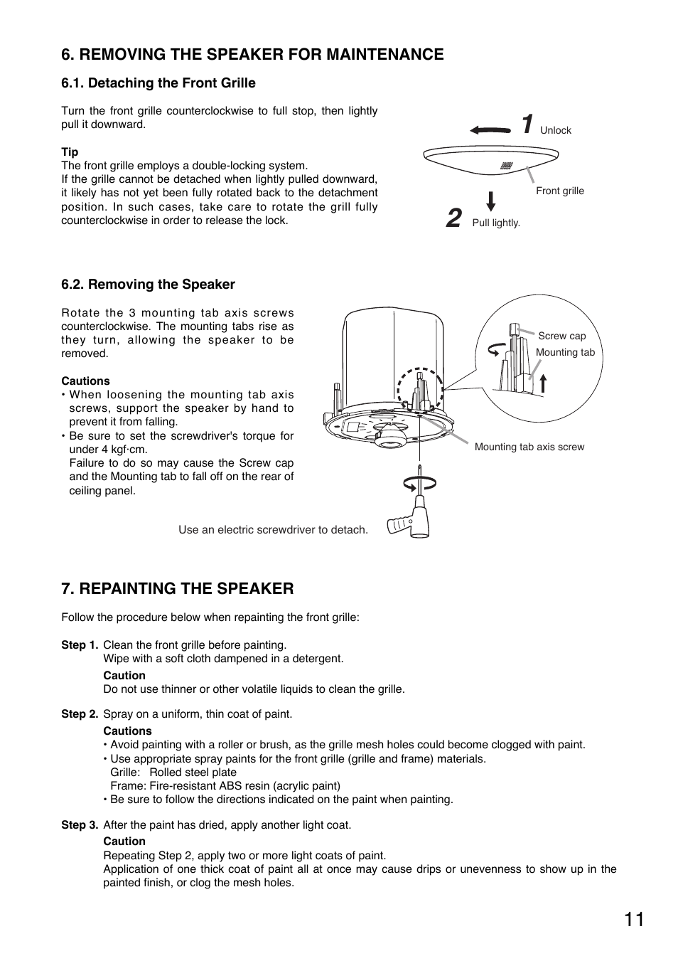 Removing the speaker for maintenance, Repainting the speaker | TOA Electronics F-2352C2 User Manual | Page 11 / 12