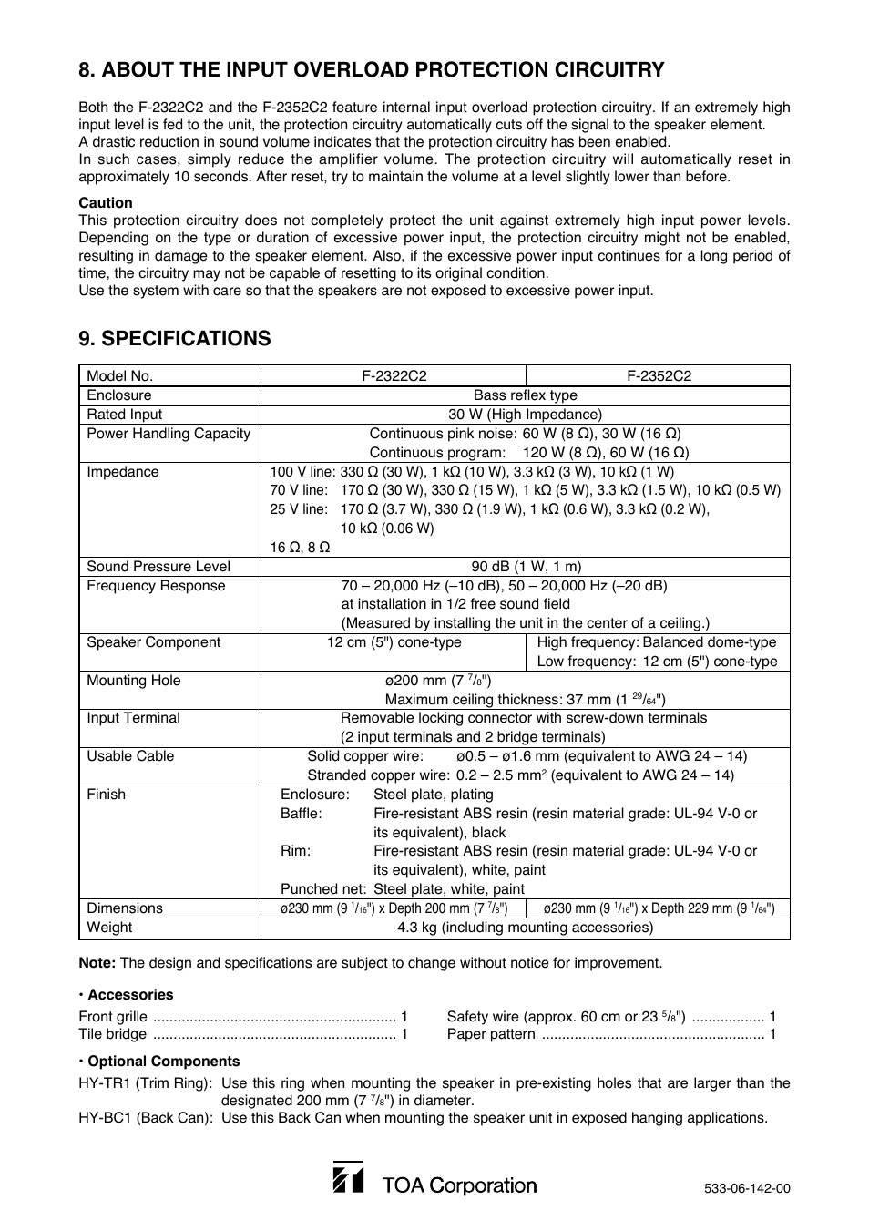 Specifications, About the input overload protection circuitry | TOA Electronics F-2352C2 User Manual | Page 12 / 12