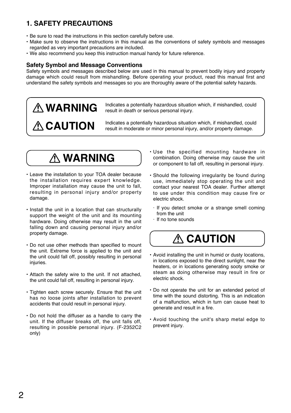 Warning caution, Caution warning | TOA Electronics F-2352C2 User Manual | Page 2 / 12