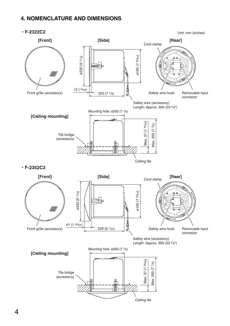 Nomenclature and dimensions, Side] [rear] [front | TOA Electronics F-2352C2 User Manual | Page 4 / 12