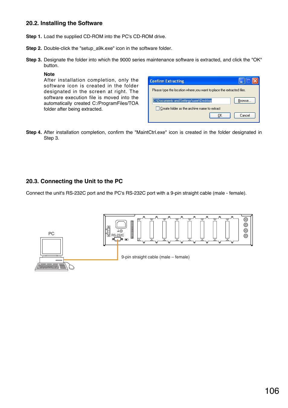 Installing the software, Connecting the unit to the pc | TOA Electronics A-9120DH User Manual | Page 106 / 136