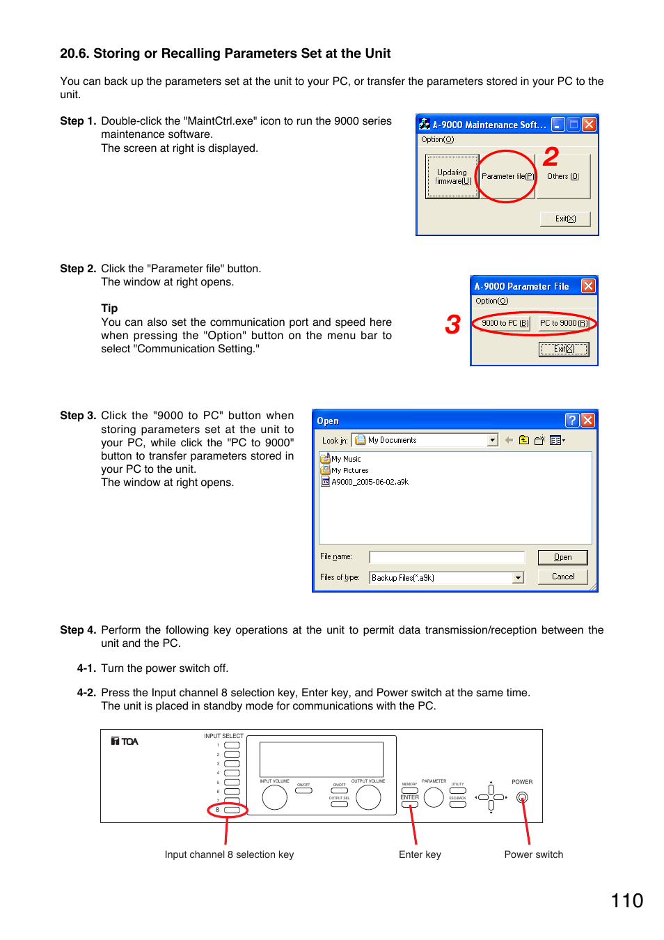 Storing or recalling parameters set at the unit | TOA Electronics A-9120DH User Manual | Page 110 / 136