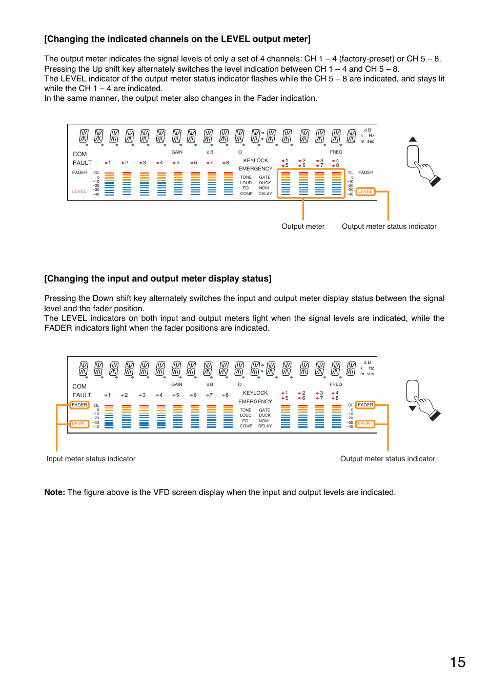 Changing the input and output meter display status, Output meter output meter status indicator | TOA Electronics A-9120DH User Manual | Page 15 / 136