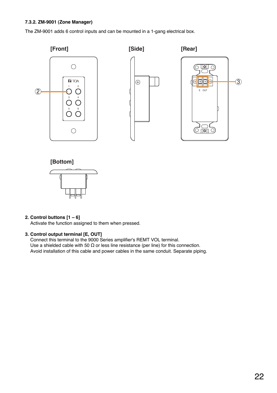 Zm-9001 (zone manager), Front] [rear] [side] [bottom | TOA Electronics A-9120DH User Manual | Page 22 / 136