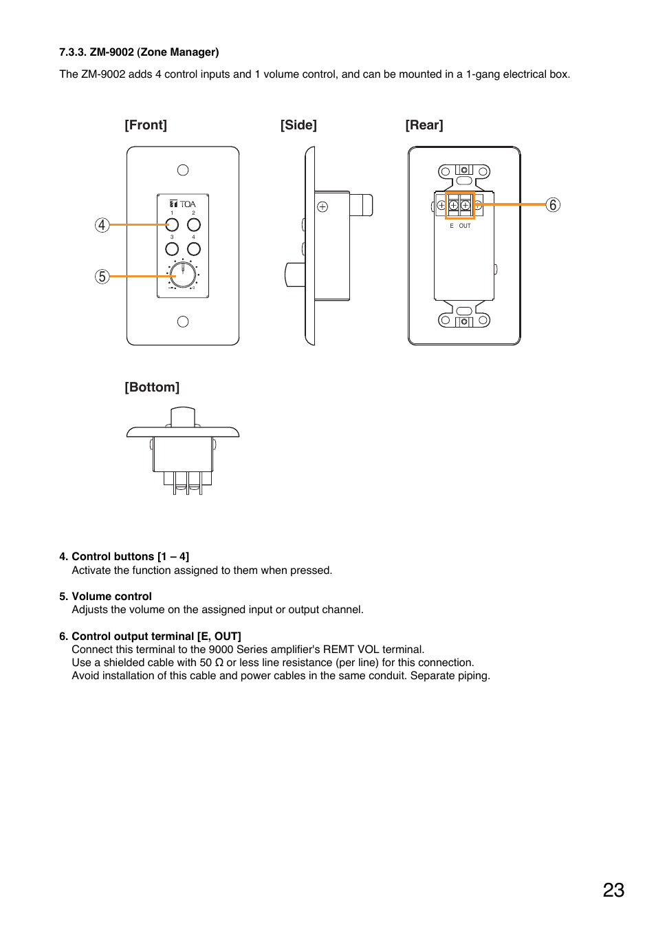 Zm-9002 (zone manager), Front] [rear] [side] [bottom | TOA Electronics A-9120DH User Manual | Page 23 / 136