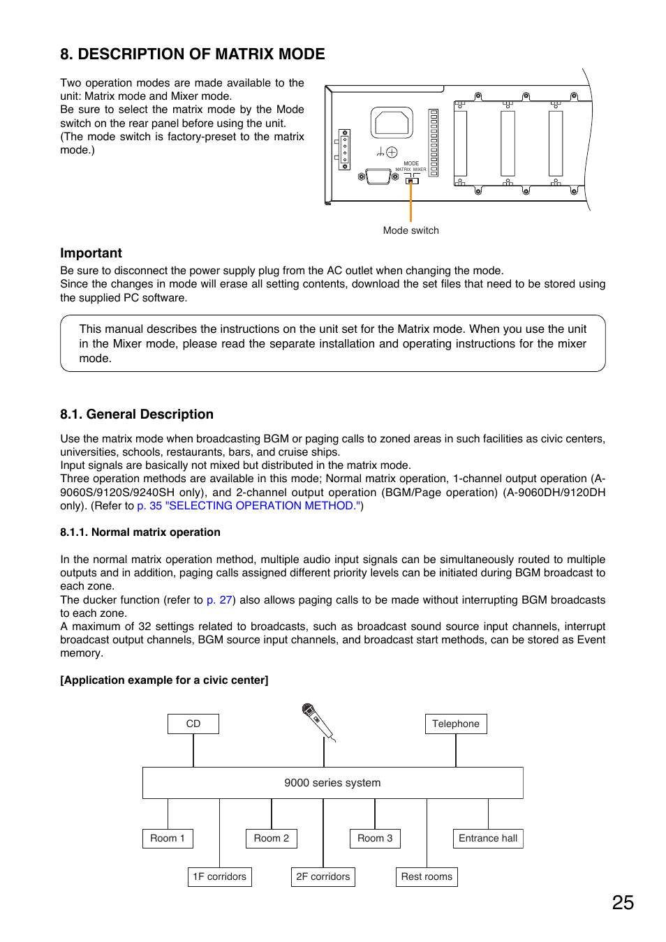 Description of matrix mode, General description, Normal matrix operation | Important | TOA Electronics A-9120DH User Manual | Page 25 / 136