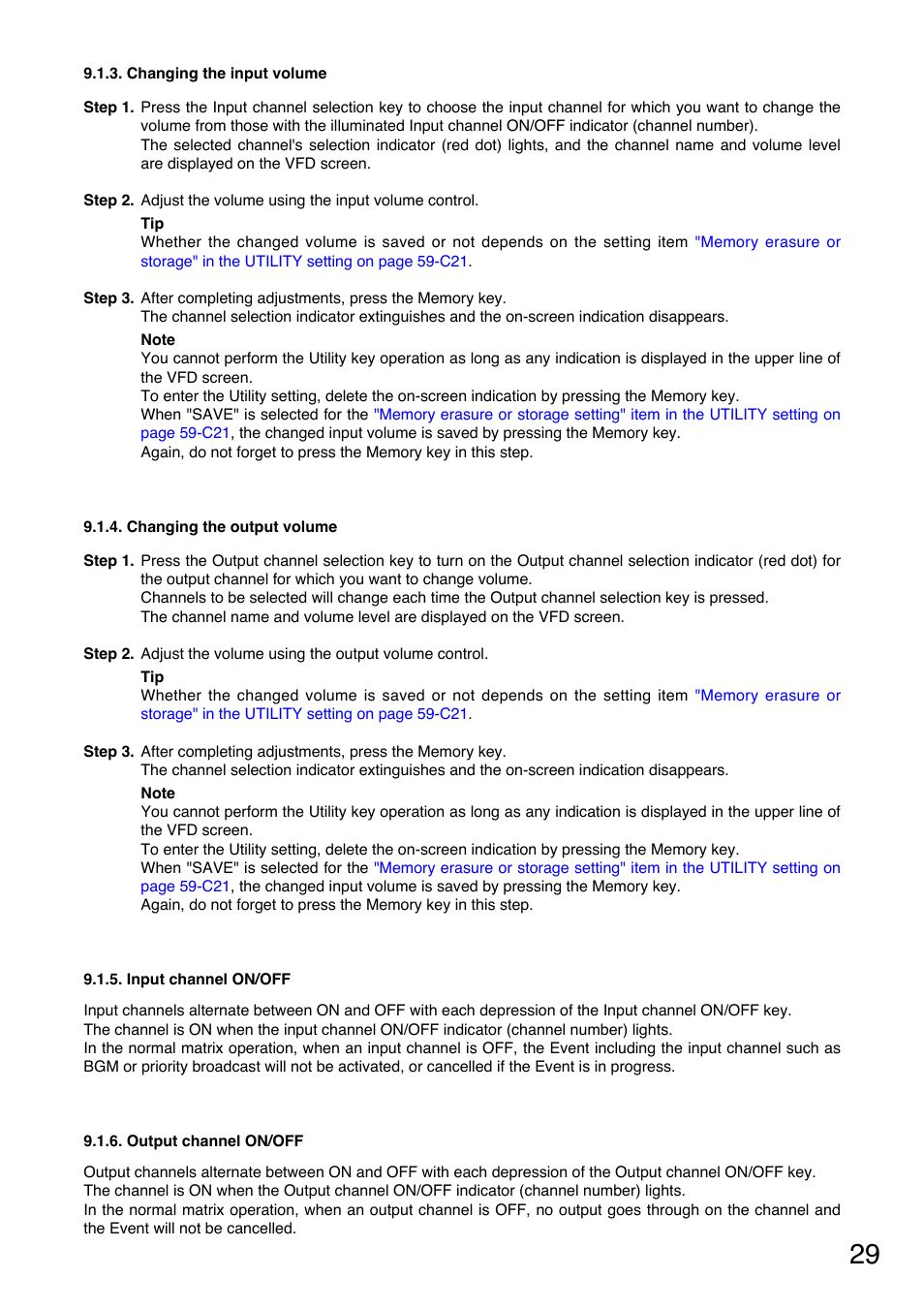 Changing the input volume, Changing the output volume, Input channel on/off | Output channel on/off | TOA Electronics A-9120DH User Manual | Page 29 / 136