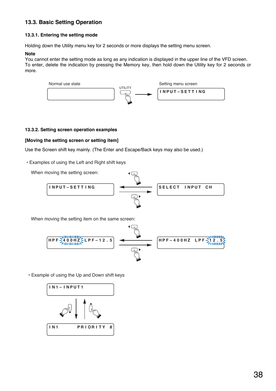 Basic setting operation, Entering the setting mode, Setting screen operation examples | TOA Electronics A-9120DH User Manual | Page 38 / 136