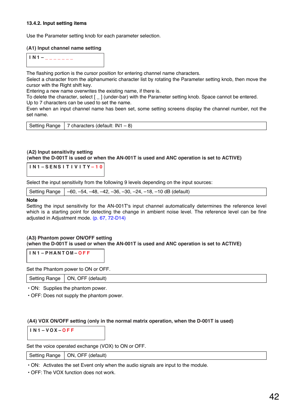 Input setting items, Input channel name setting, P. 42-a1) | Phantom power on/off setting, P. 42-a3), Input sensitivity setting, P. 42-a2), Vox on/off setting, P. 42-a4) | TOA Electronics A-9120DH User Manual | Page 42 / 136