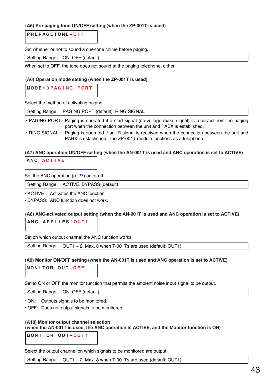 Pre-paging tone on/off setting, P. 43-a5), Operation mode setting | P. 43-a6), To active), P. 43-a7), To bypass), P. 43-a8), Monitor on/off setting, P. 43-a9) | TOA Electronics A-9120DH User Manual | Page 43 / 136