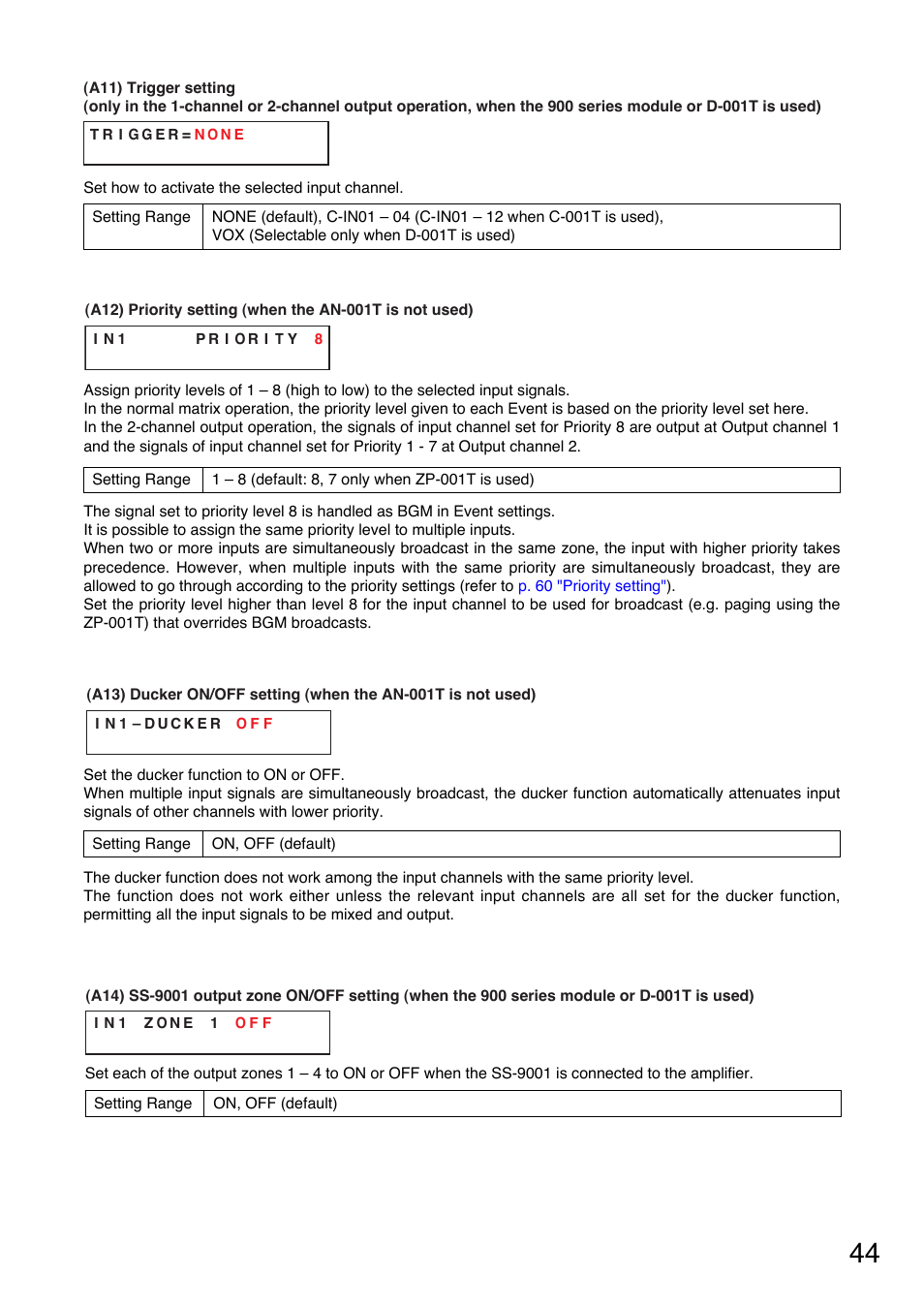 For priority level 8, P. 44-a12, For priority levels 1 to 7 | Priority setting, P. 44-a12), P. 44-a13), P. 44-a10), P. 44-a14), P. 44-a11), Ducker on/off setting | TOA Electronics A-9120DH User Manual | Page 44 / 136