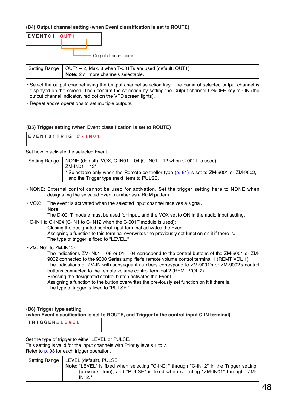 Output channel setting, P. 48-b4), P. 48-b5) | Trigger type setting, P. 48-b6) | TOA Electronics A-9120DH User Manual | Page 48 / 136