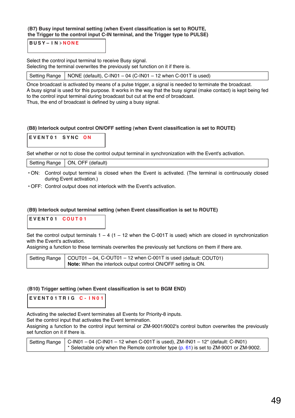 P. 49-b8), Interlock output terminal setting, P. 49-b9) | Trigger setting, P. 49-b10), Busy input terminal setting, P. 49-b7) | TOA Electronics A-9120DH User Manual | Page 49 / 136