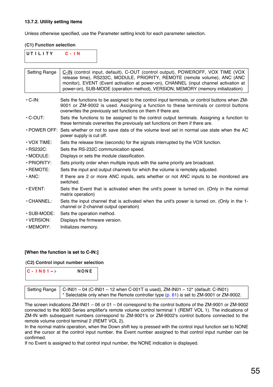 Utility setting items, P. 55-c1), P. 55-c2) | Power-on is selected) | TOA Electronics A-9120DH User Manual | Page 55 / 136