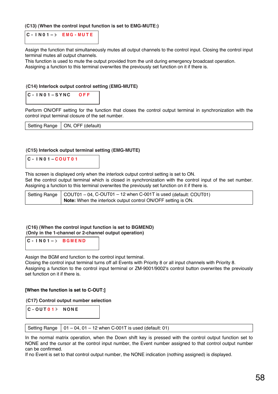 Is set to emg-mute), P. 58-c13), Interlock output control setting | P. 58-c14), Interlock output terminal setting, P. 58-c15), Input terminal is set to bgmend), P. 58-c16), P. 58-c17) | TOA Electronics A-9120DH User Manual | Page 58 / 136