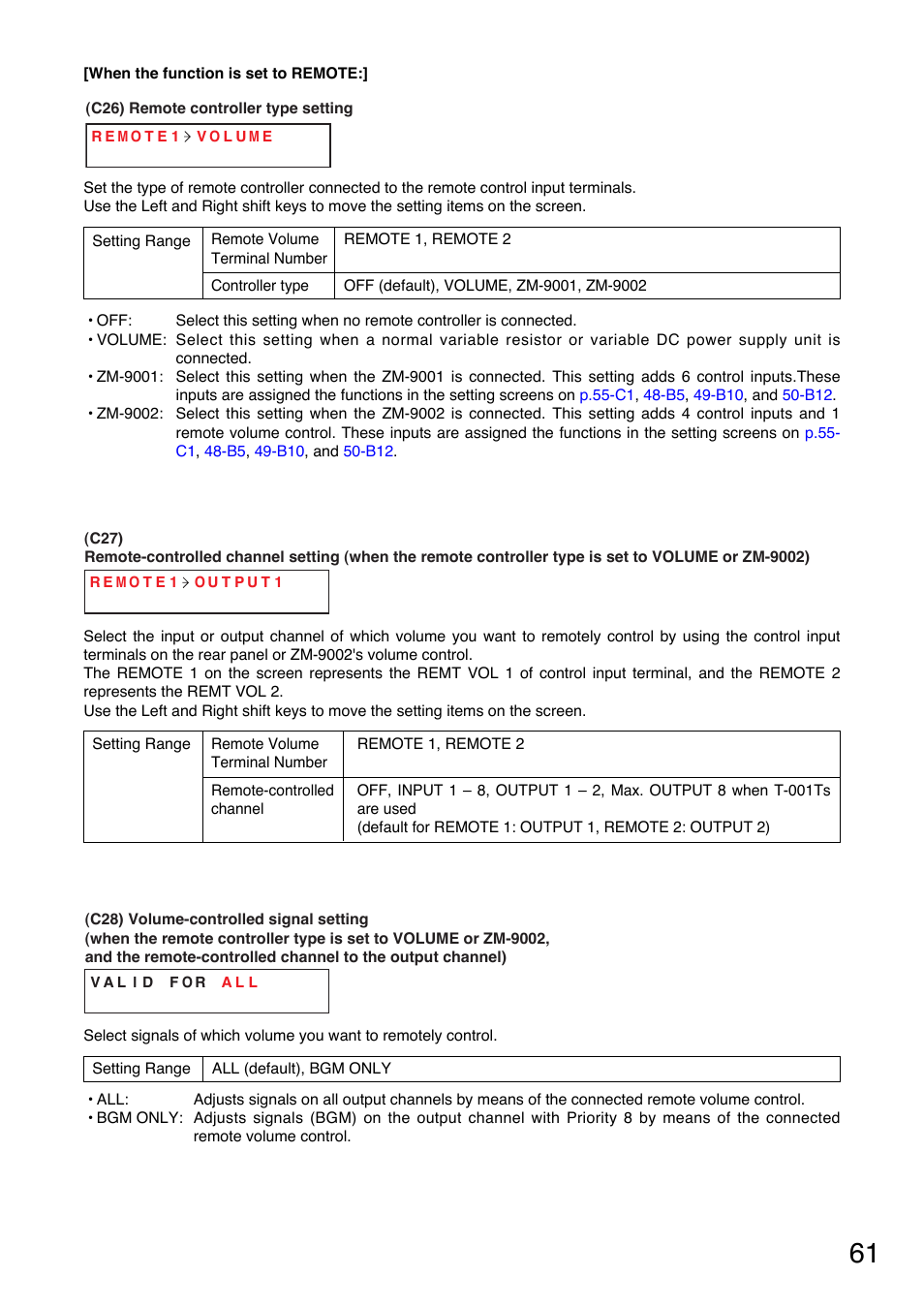 Is set to volume), P. 61-c26), Remote-controlled channel setting | P. 61-c27), Volume-controlled signal setting, P. 61-c28) | TOA Electronics A-9120DH User Manual | Page 61 / 136