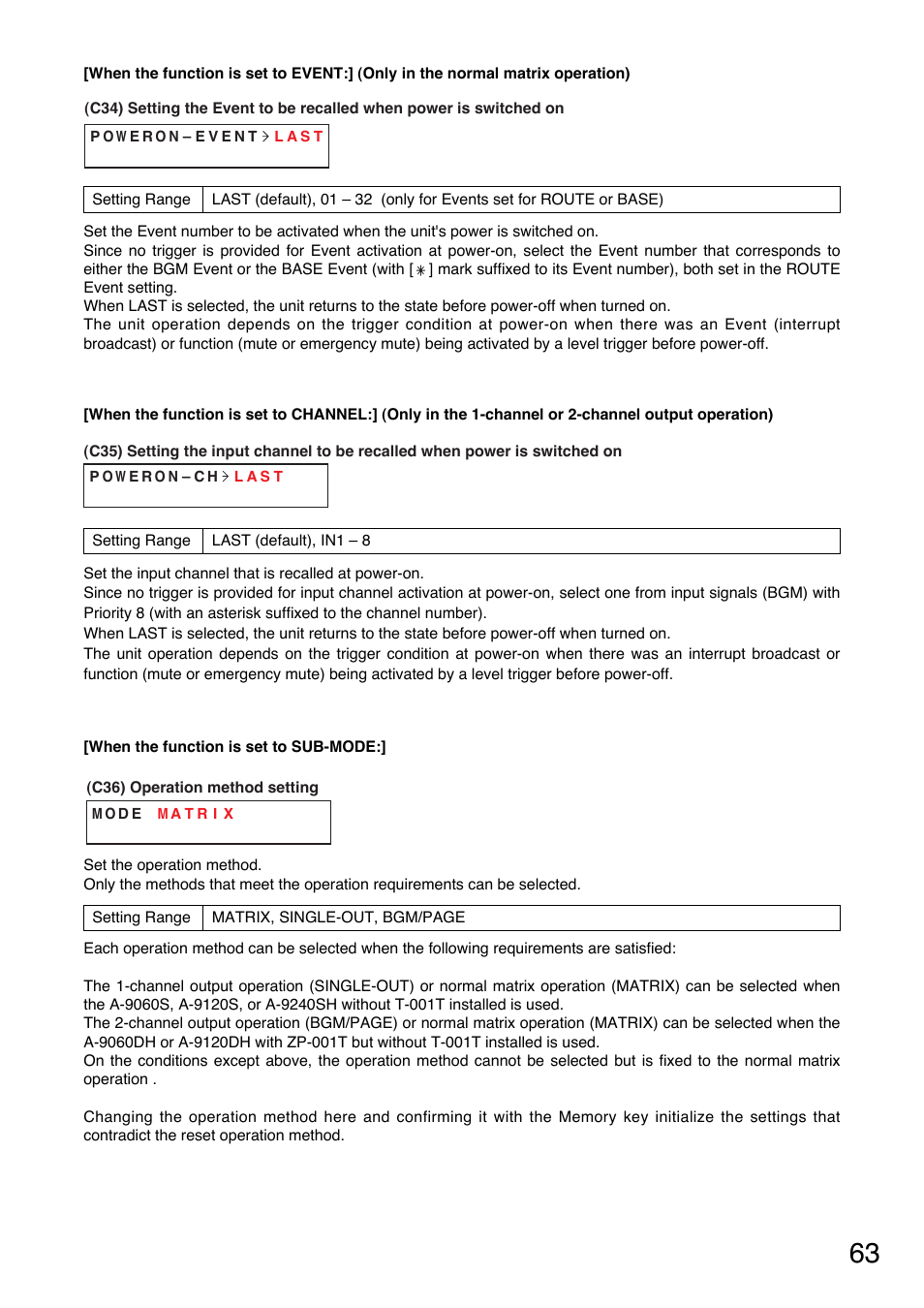 When power is switched on, P. 63-c34), P. 63-c35) | Operation method setting, P. 63-c36) | TOA Electronics A-9120DH User Manual | Page 63 / 136