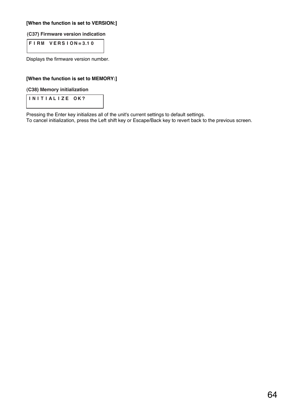 Firmware version indication, P. 64-c37), Memory initialization | P. 64-c38) | TOA Electronics A-9120DH User Manual | Page 64 / 136