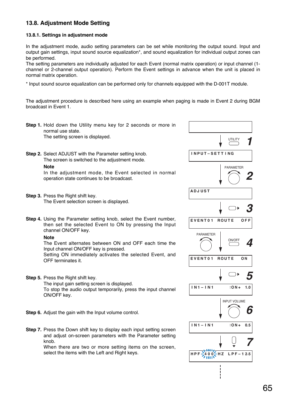 Adjustment mode setting, Settings in adjustment mode, P. 65 | TOA Electronics A-9120DH User Manual | Page 65 / 136