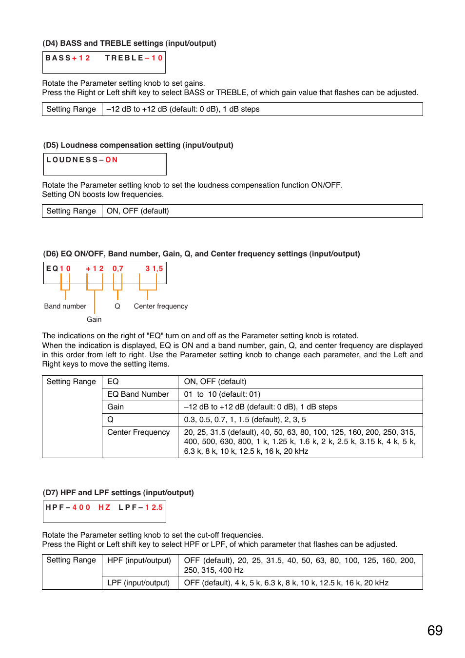 Bass and treble settings, P. 69-d4), Loudness compensation setting | P. 69-d5), And center frequency settings, P. 69-d6), Hpf and lpf settings, P. 69-d7) | TOA Electronics A-9120DH User Manual | Page 69 / 136