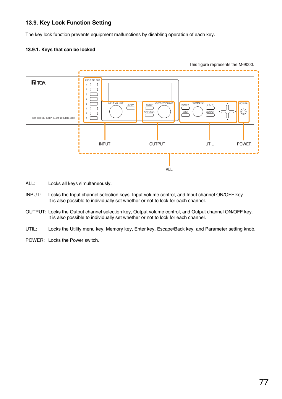 Key lock function setting, Keys that can be locked, P. 77 "key | Lock function setting, Set the key lock function. (refer to, P. 77 | TOA Electronics A-9120DH User Manual | Page 77 / 136