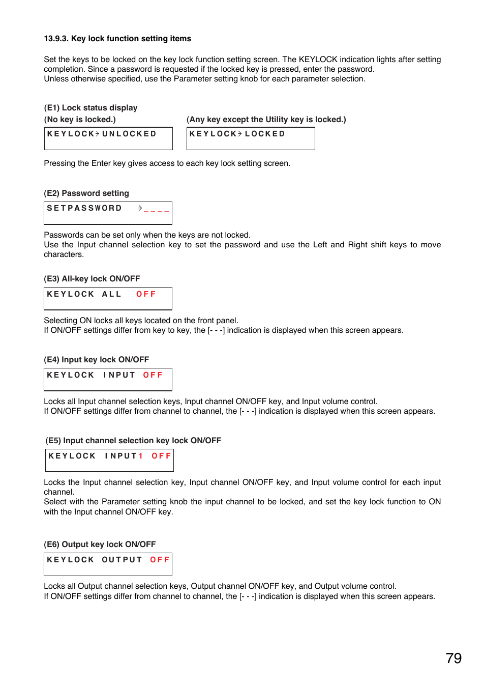 Key lock function setting items, Lock status display, P. 79-e1) | All-key lock on/off, P. 79-e3), Password setting, P. 79-e2), Input key lock on/off, P. 79-e4), P. 79-e5) | TOA Electronics A-9120DH User Manual | Page 79 / 136