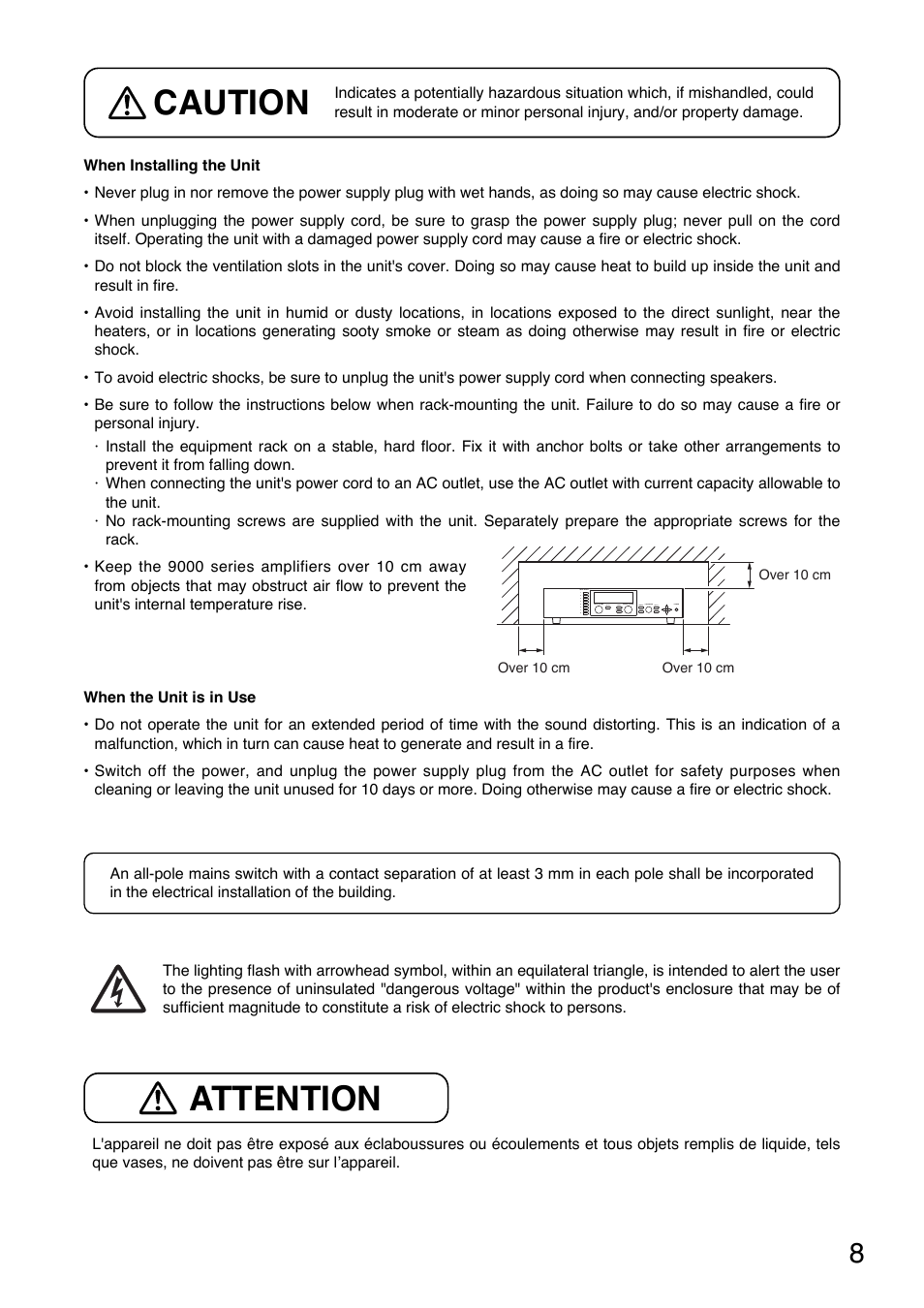 Caution, Attention | TOA Electronics A-9120DH User Manual | Page 8 / 136