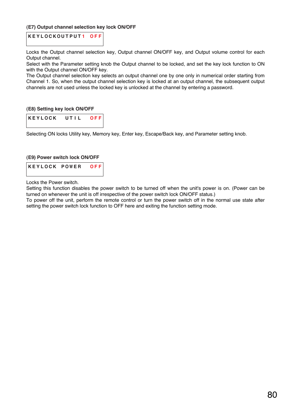 On/off, P. 80-e7), P. 80-e8) | Power switch lock on/off, P. 80-e9) | TOA Electronics A-9120DH User Manual | Page 80 / 136